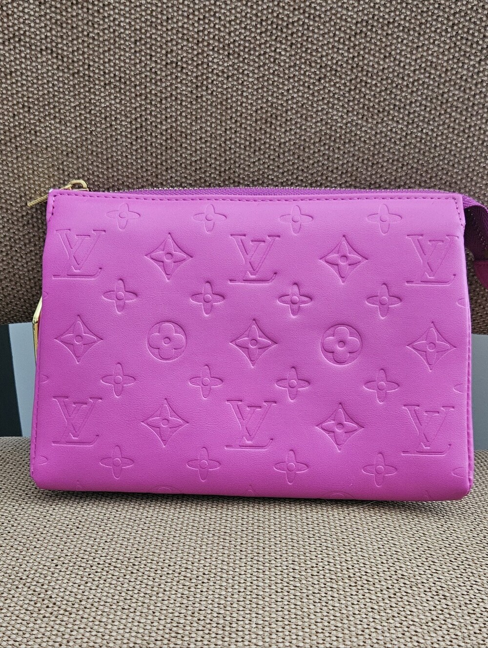 Designer Inspired Fuchsia Monogram Crossbody Bag with Gold Chain - Picture 2 of 8